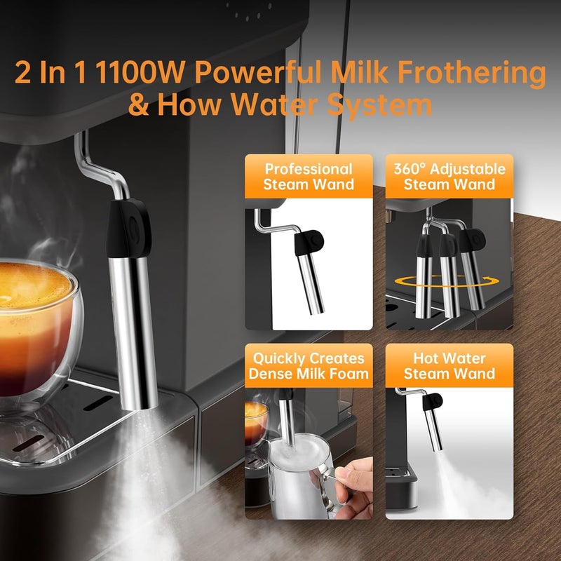 MAttinata آلة إسبريسو 20 بار، صانعة قهوة إسبريسو مع بخاخ حليب احترافي لعمل الكابتشينو واللاتيه، خزان مياه قابل للإزالة سعة 60 أونصة للاستخدام المنزلي، من الفولاذ المقاوم للصدأ - Image 3